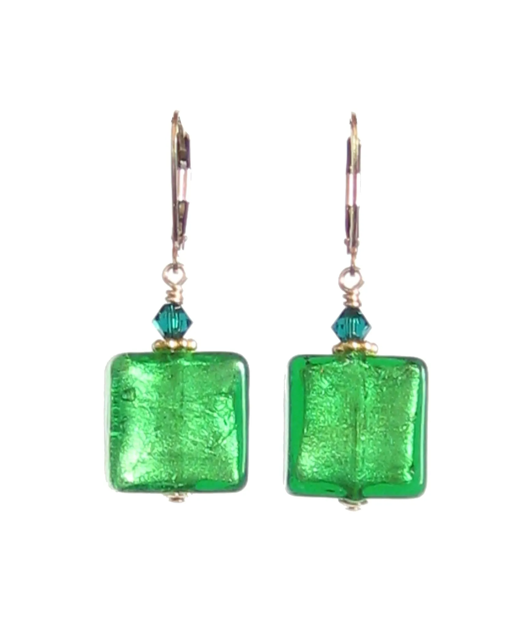 Venetian Glass Emerald Square Gold Earrings, Gold Filled Leverbacks