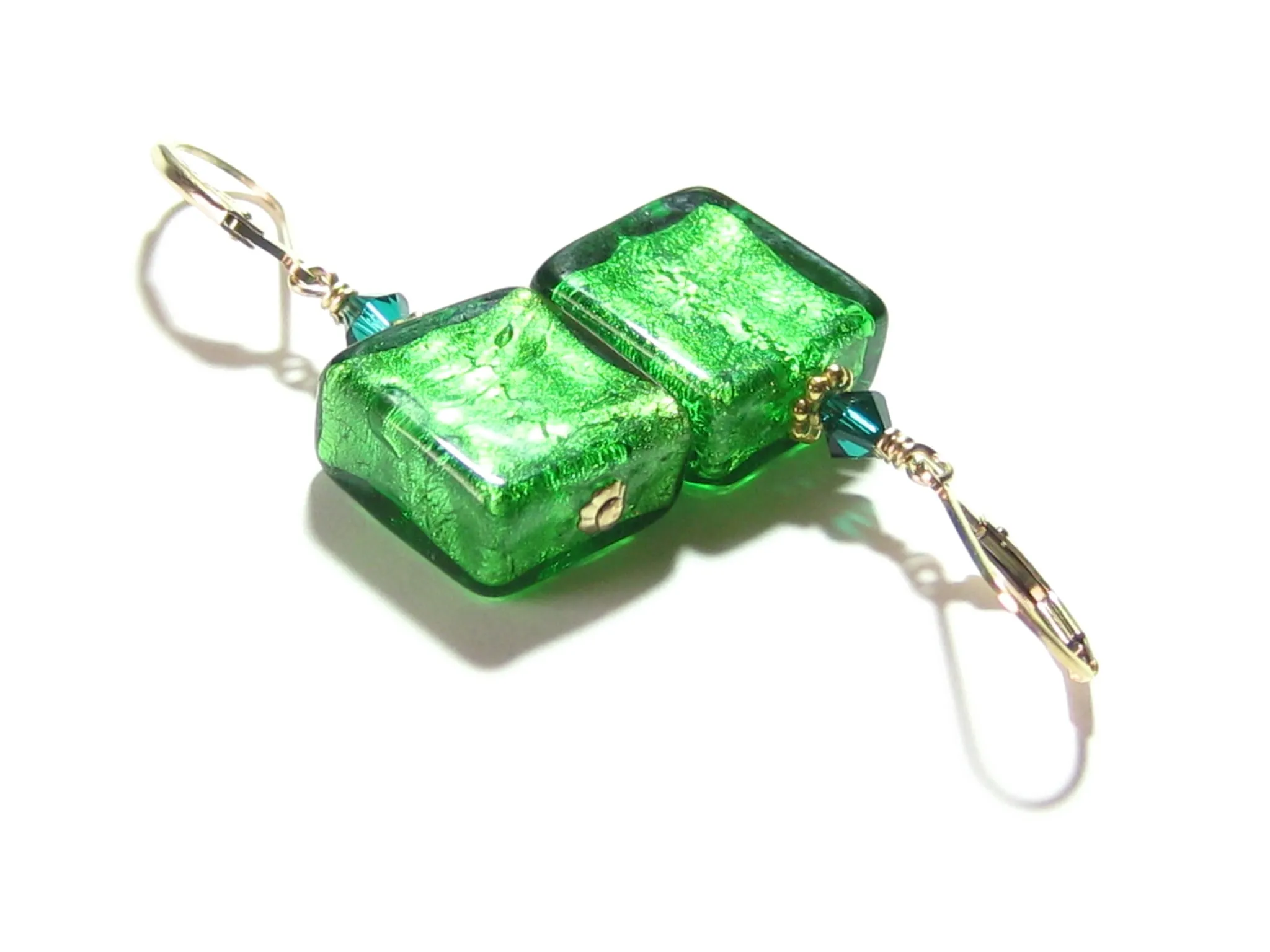Venetian Glass Emerald Square Gold Earrings, Gold Filled Leverbacks