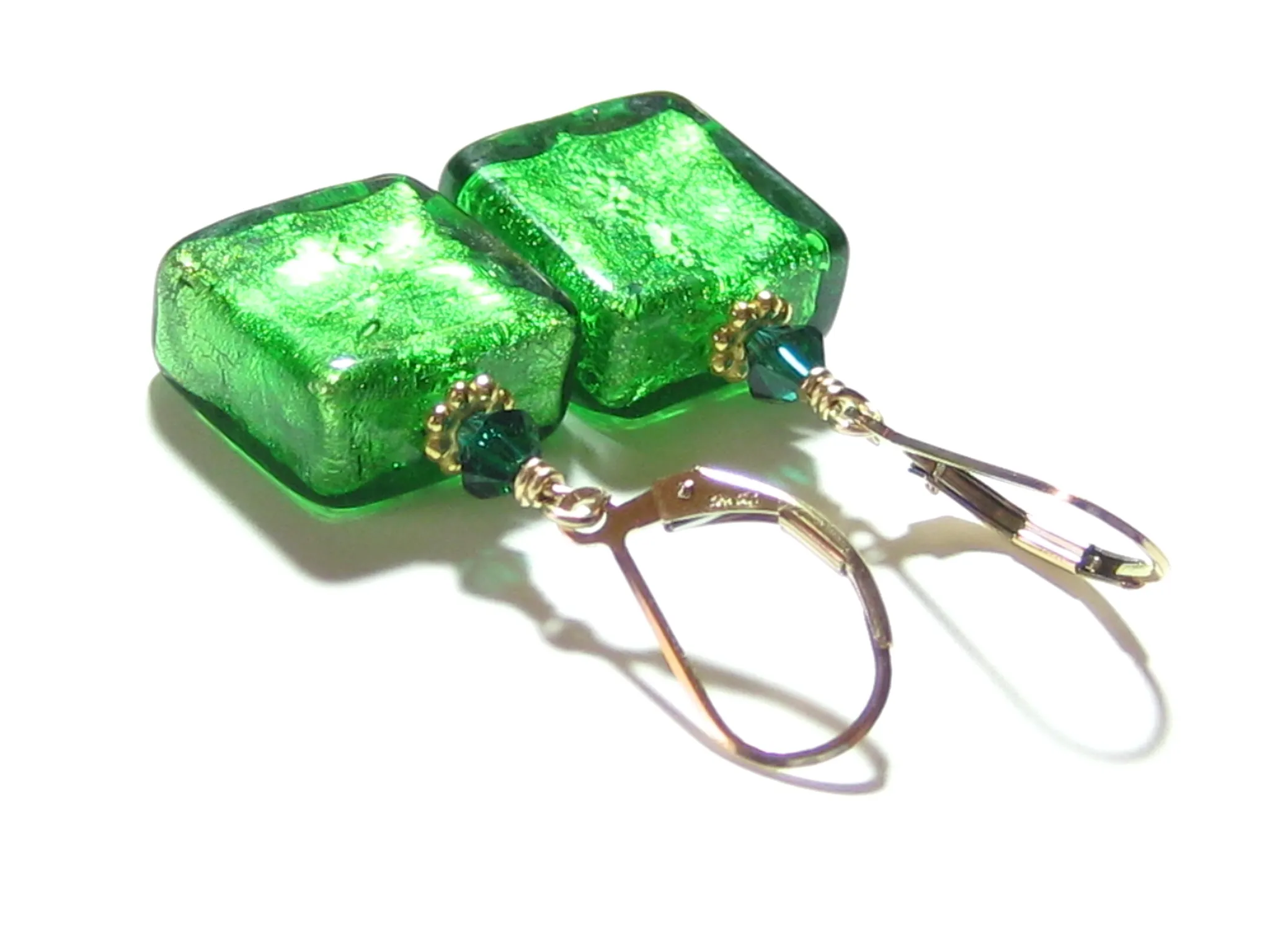Venetian Glass Emerald Square Gold Earrings, Gold Filled Leverbacks