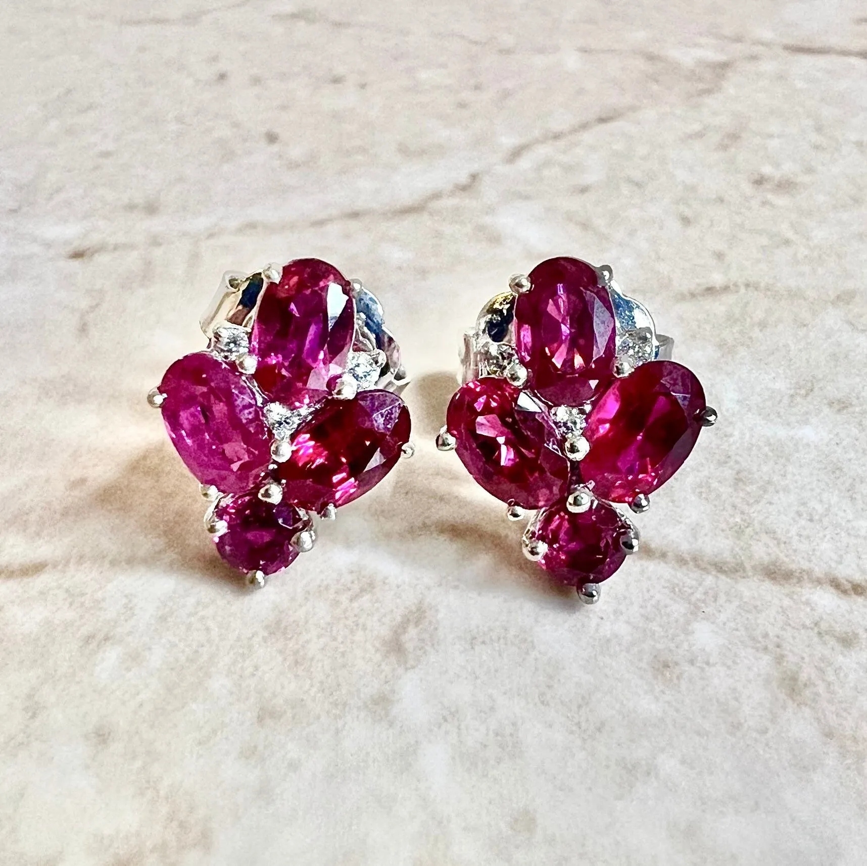 Very Fine Handcrafted 950 Platinum & 18 Karat White Gold Burmese Ruby & Diamond Earrings