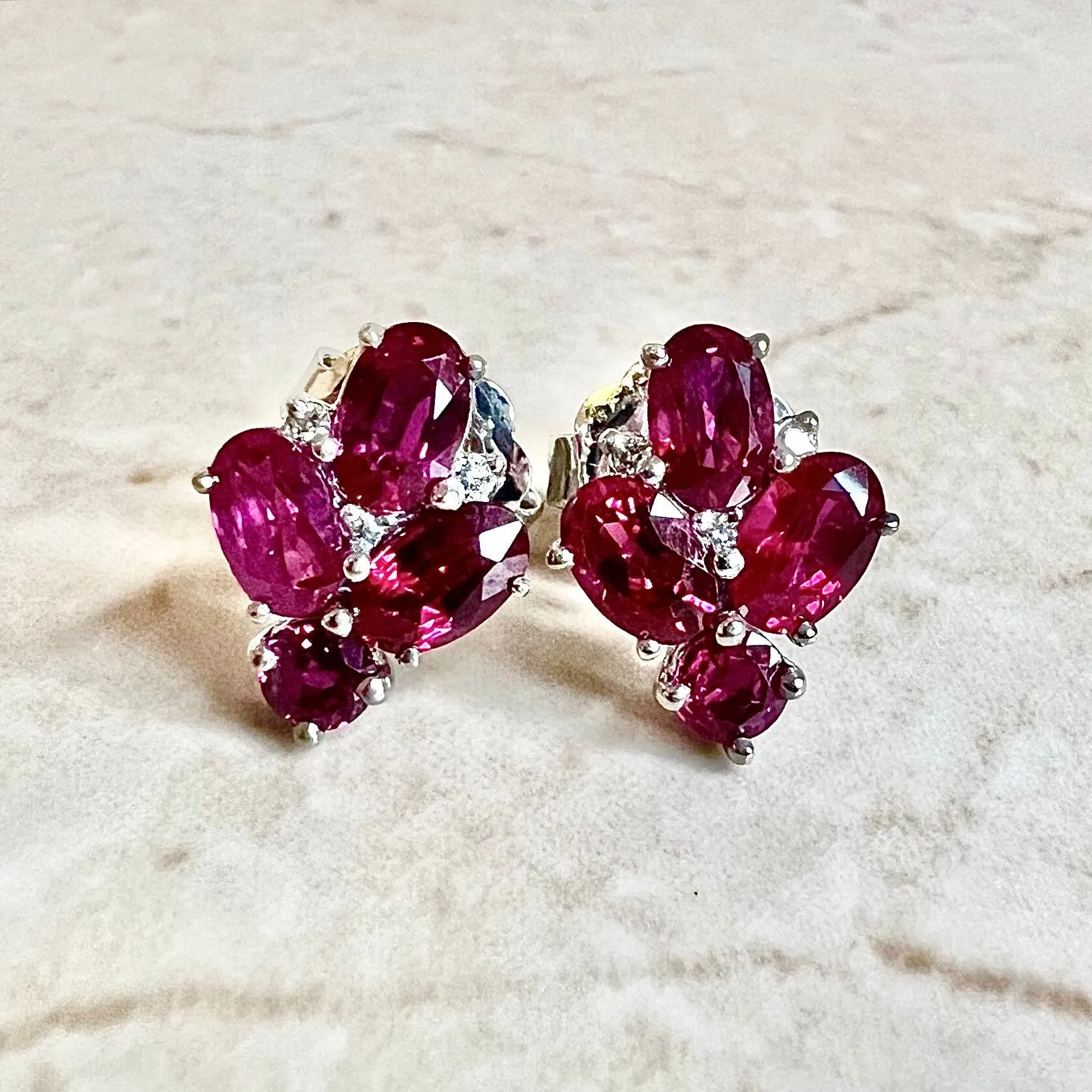 Very Fine Handcrafted 950 Platinum & 18 Karat White Gold Burmese Ruby & Diamond Earrings