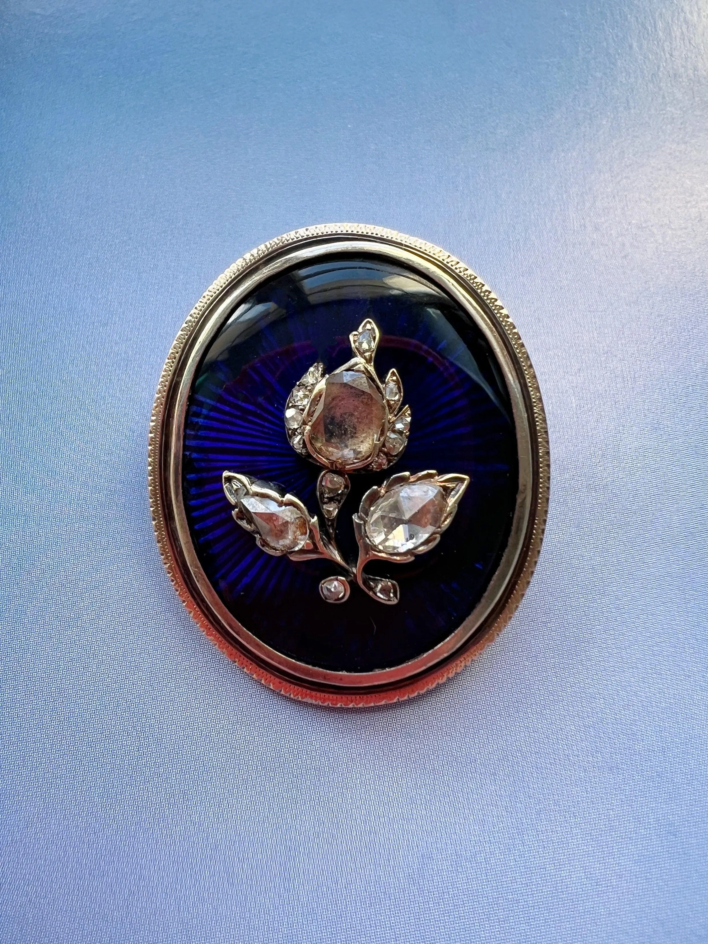 Victorian 18K gold rose cut diamond tulip flower blue Bristol brooch