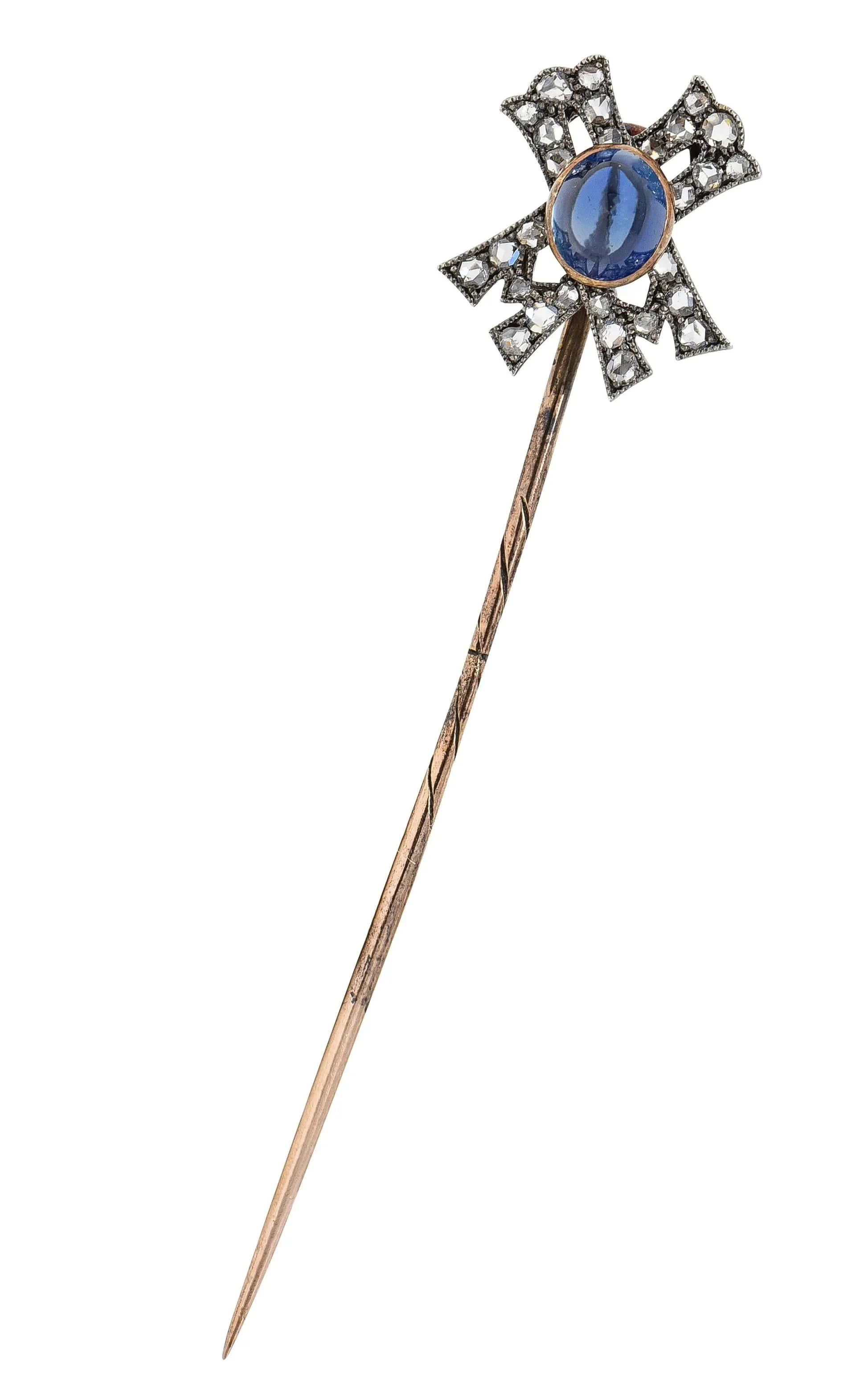 Victorian 2.35 CTW Sapphire Diamond Silver-Topped 14 Karat Rose Gold Antique X Stickpin