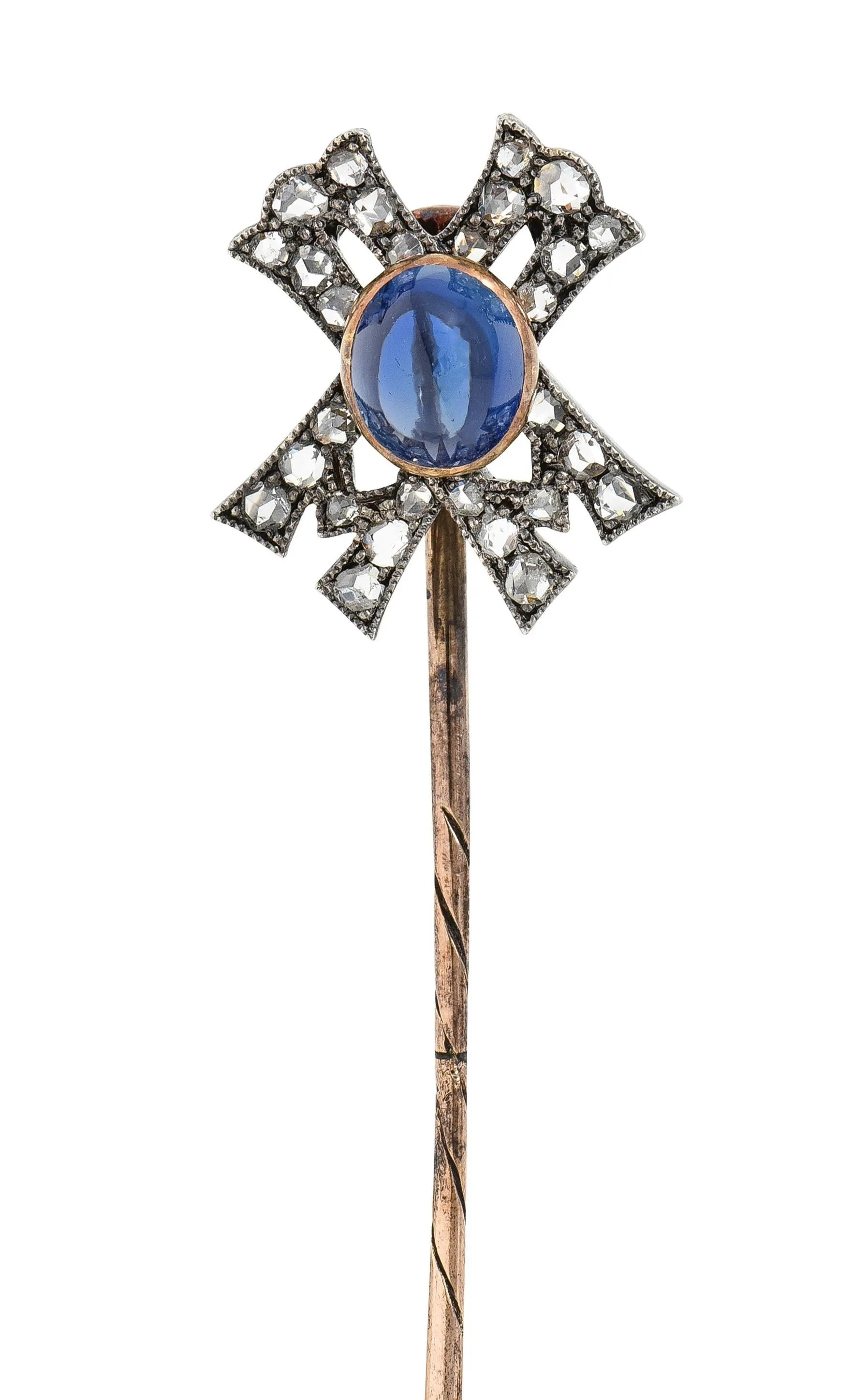 Victorian 2.35 CTW Sapphire Diamond Silver-Topped 14 Karat Rose Gold Antique X Stickpin