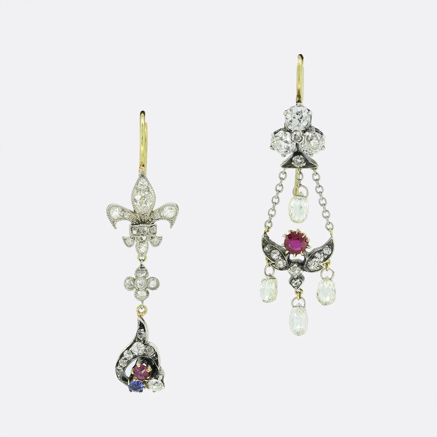 Victorian Clover and Fleur-De-Lis Diamond Drop Earrings