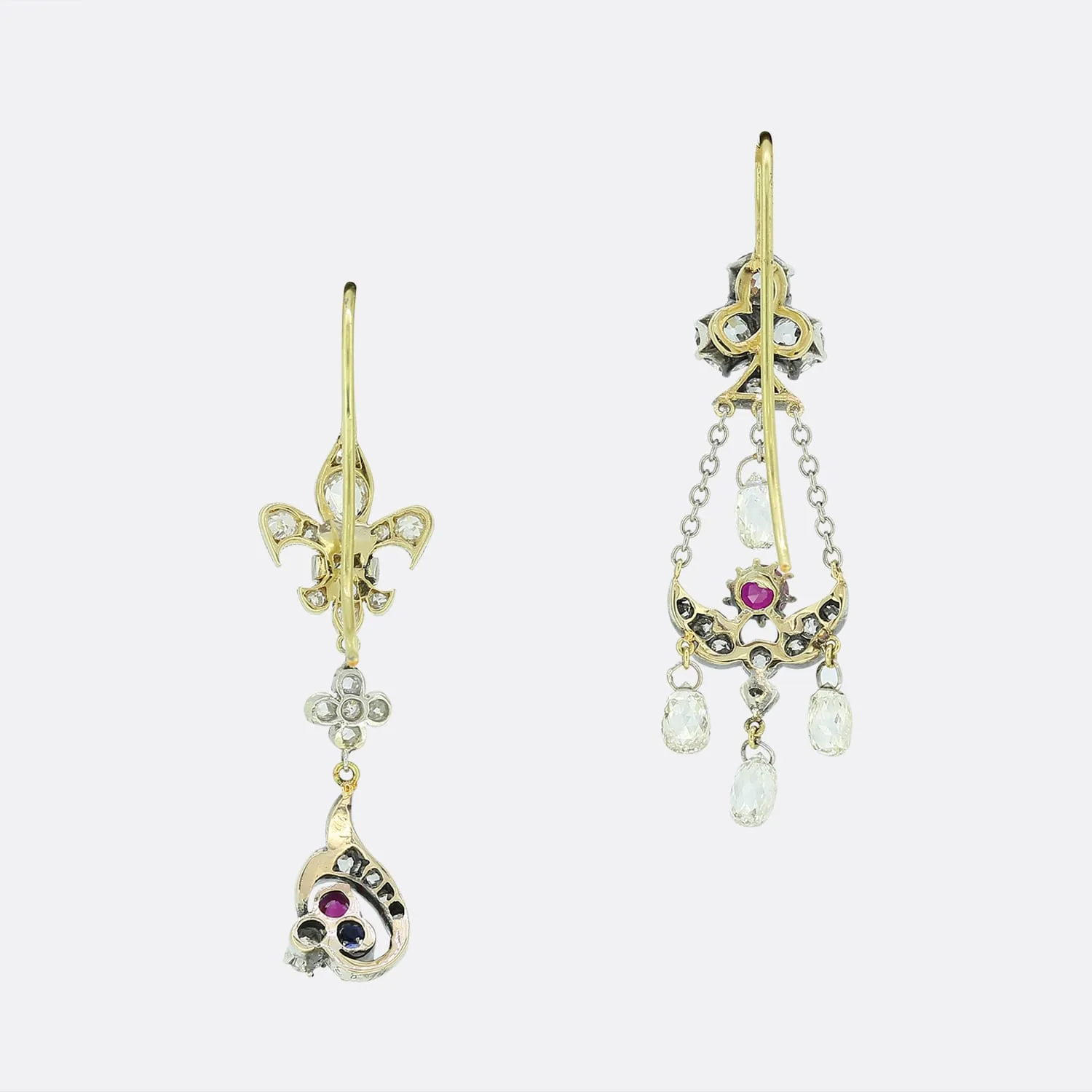 Victorian Clover and Fleur-De-Lis Diamond Drop Earrings