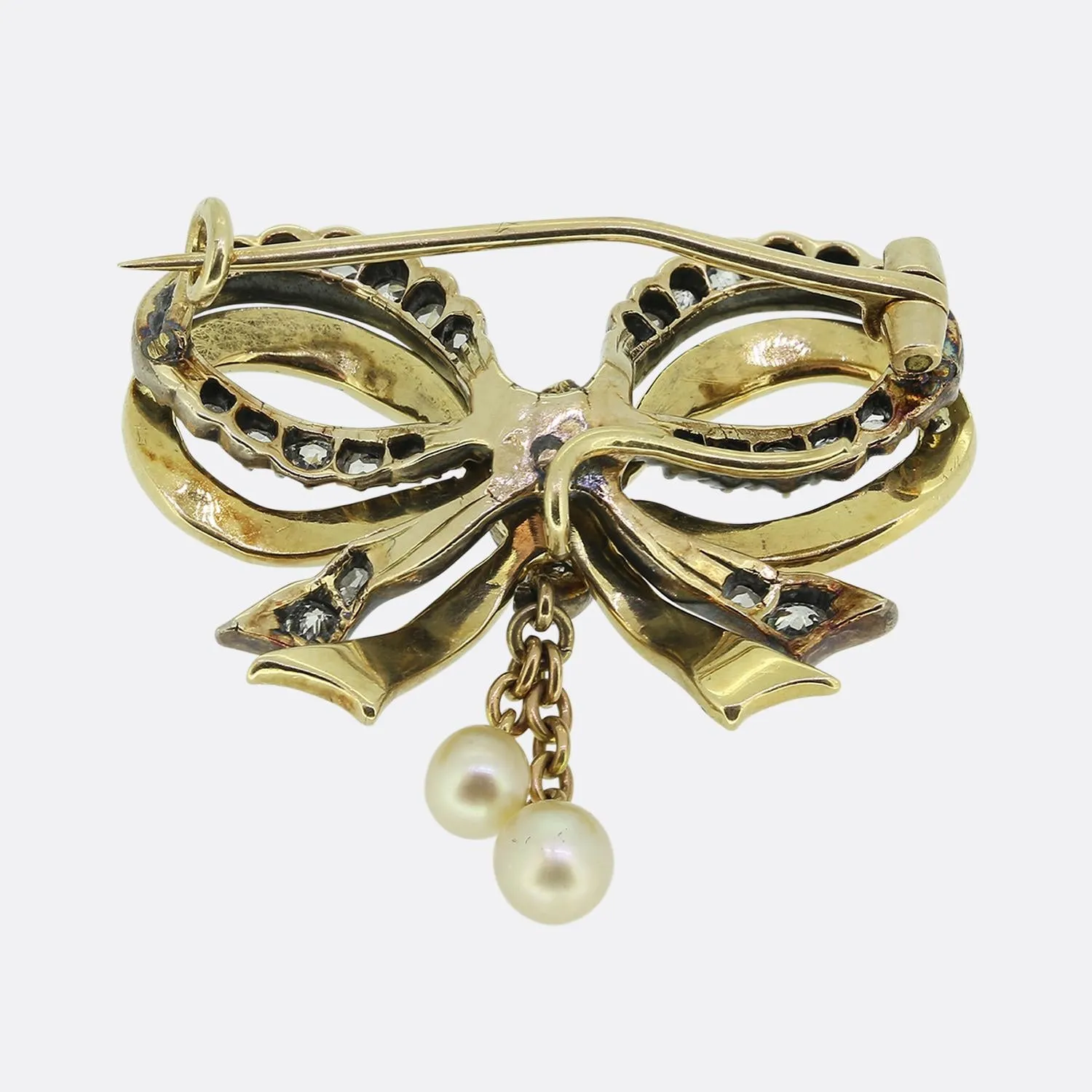 Victorian Red Enamel Diamond and Pearl Bow Brooch