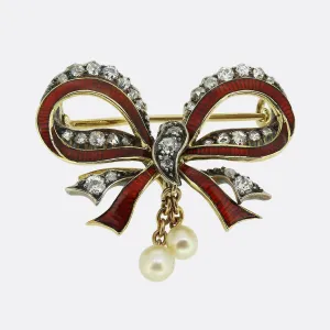 Victorian Red Enamel Diamond and Pearl Bow Brooch