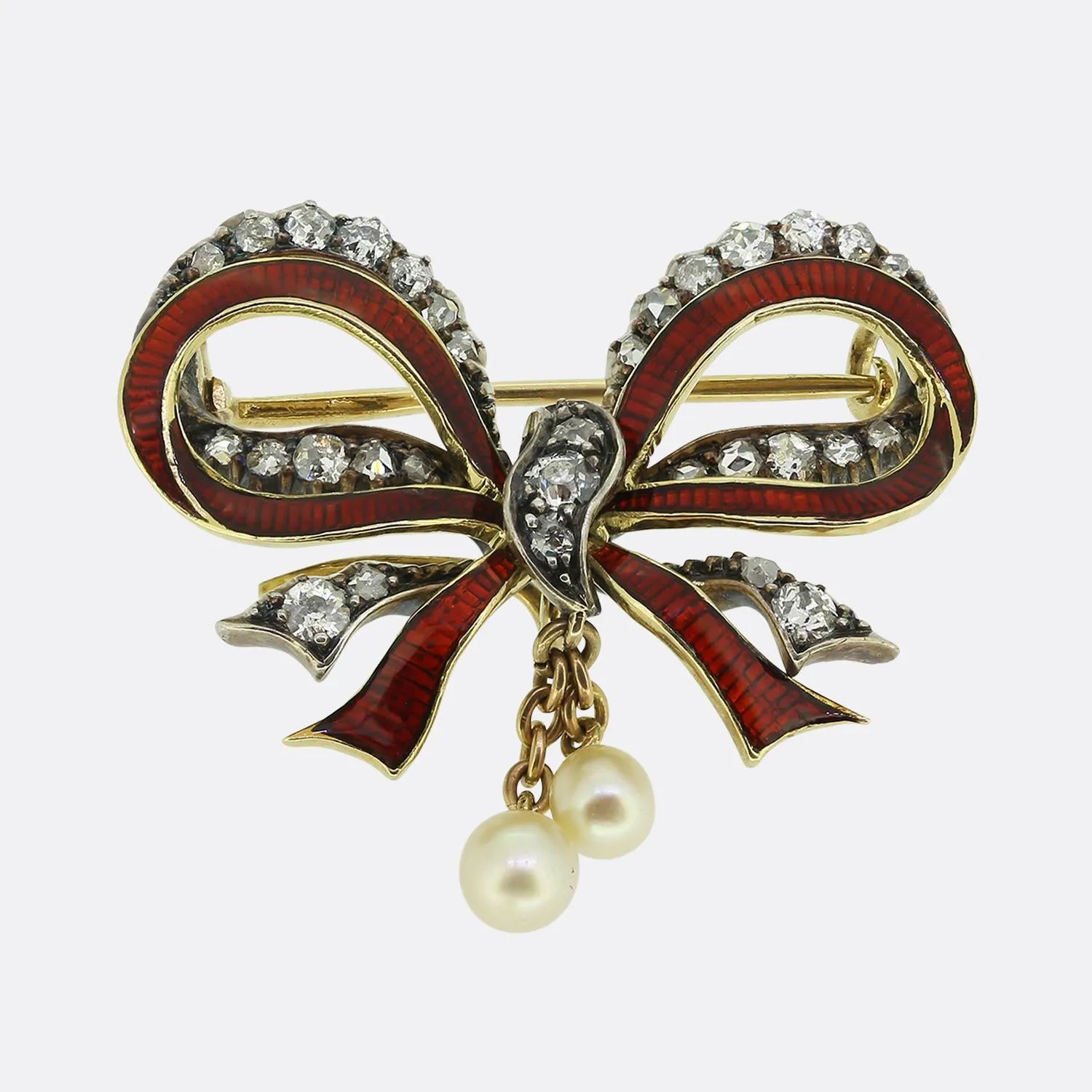 Victorian Red Enamel Diamond and Pearl Bow Brooch