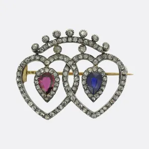 Victorian Ruby Sapphire and Diamond Love Heart Brooch