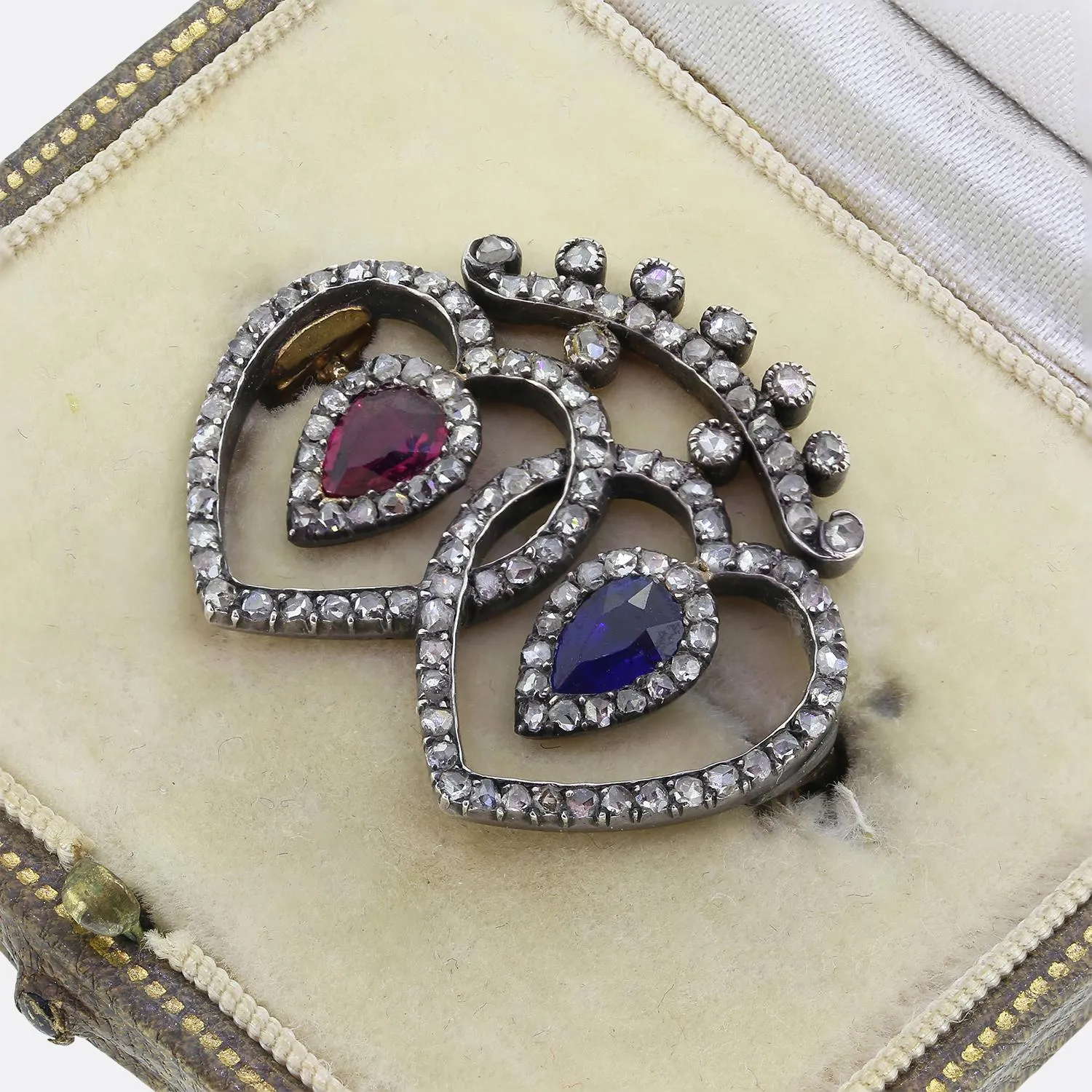 Victorian Ruby Sapphire and Diamond Love Heart Brooch