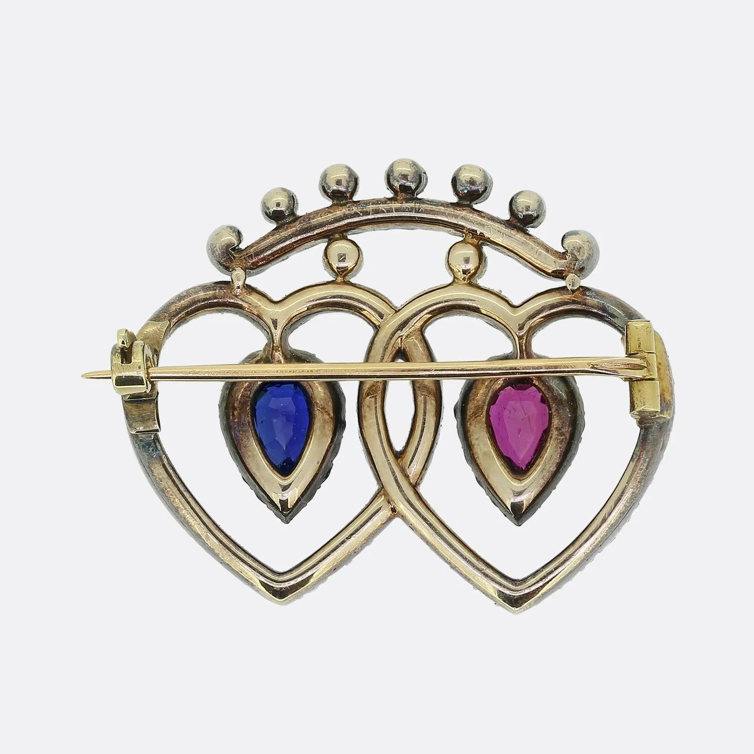 Victorian Ruby Sapphire and Diamond Love Heart Brooch