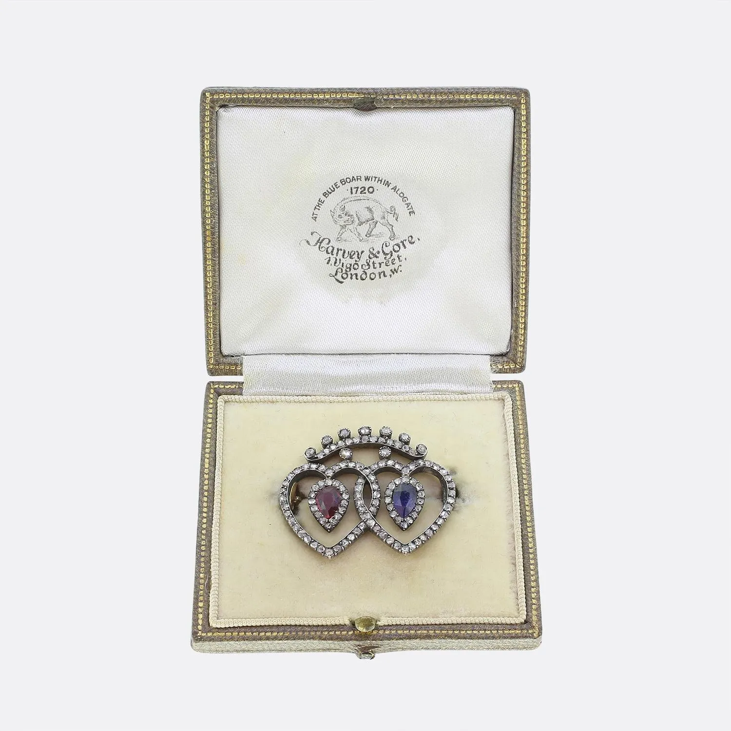 Victorian Ruby Sapphire and Diamond Love Heart Brooch