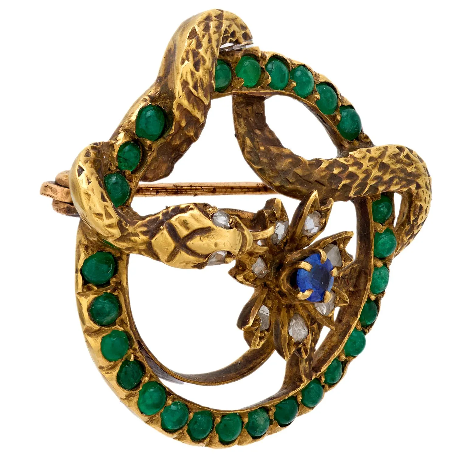 Victorian sapphire emerald diamond 18k yellow gold snake flower brooch