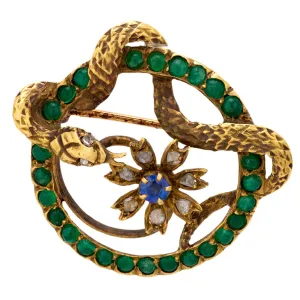Victorian sapphire emerald diamond 18k yellow gold snake flower brooch