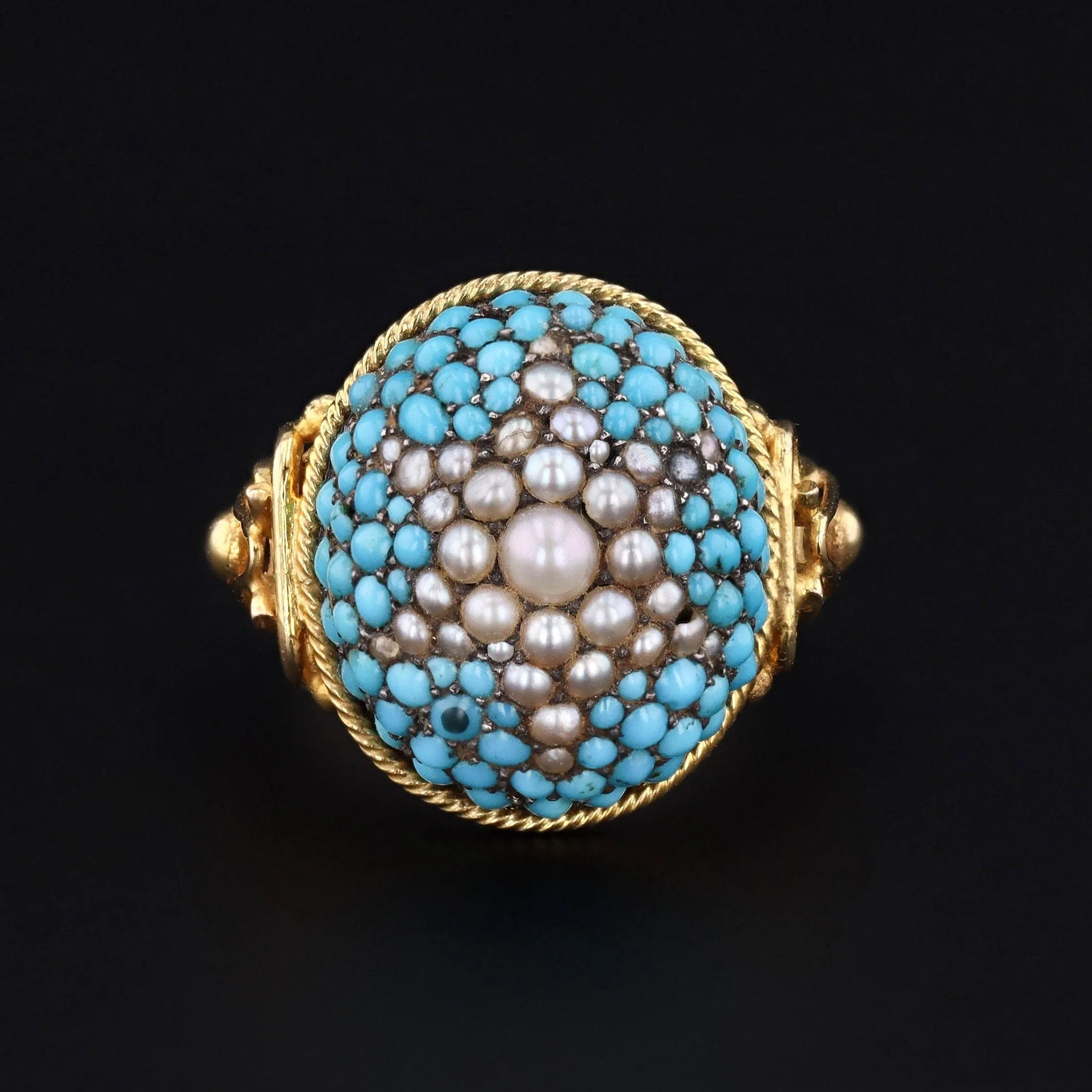 Victorian Turquoise Pearl Dome Conversion Ring of Silver Topped 10k Gold