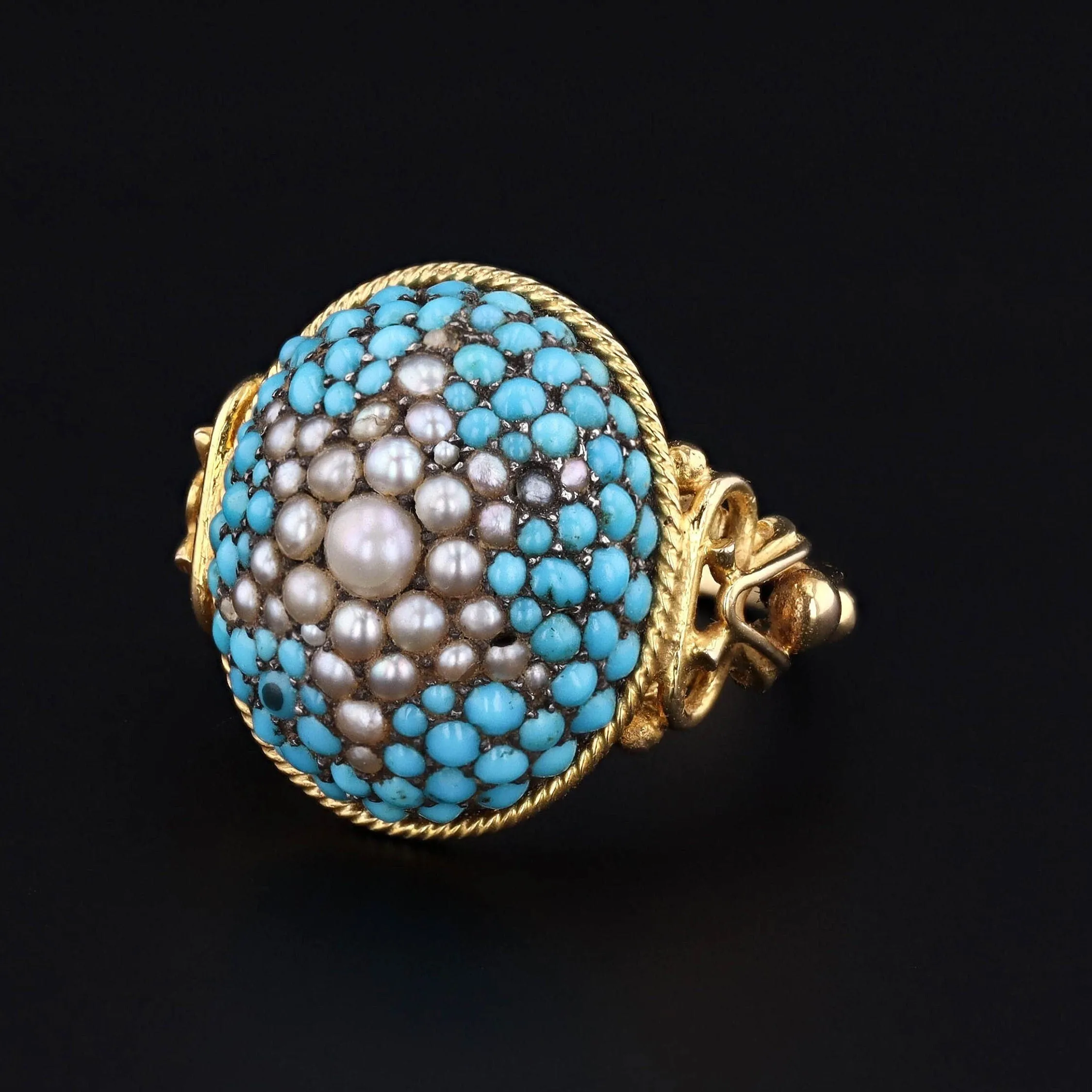 Victorian Turquoise Pearl Dome Conversion Ring of Silver Topped 10k Gold