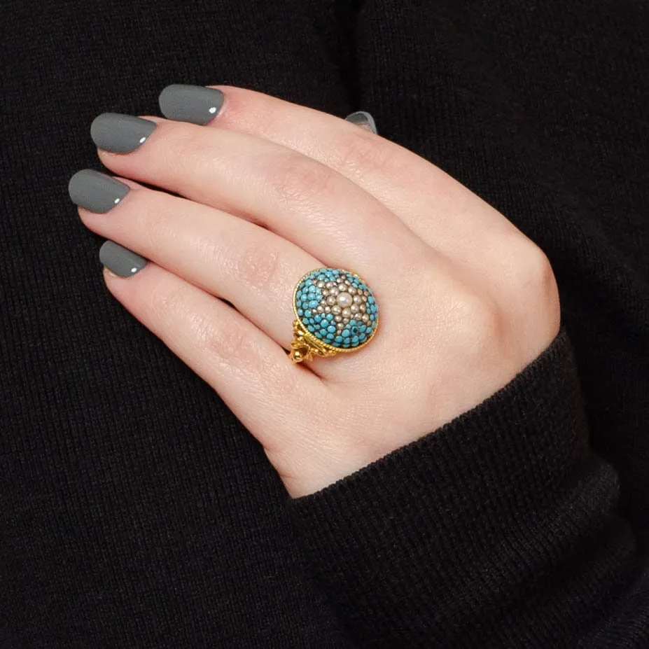 Victorian Turquoise Pearl Dome Conversion Ring of Silver Topped 10k Gold