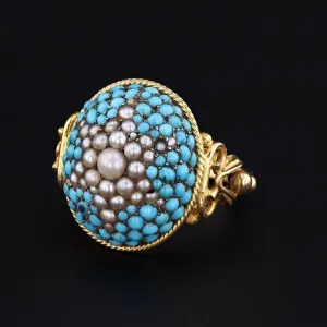 Victorian Turquoise Pearl Dome Conversion Ring of Silver Topped 10k Gold