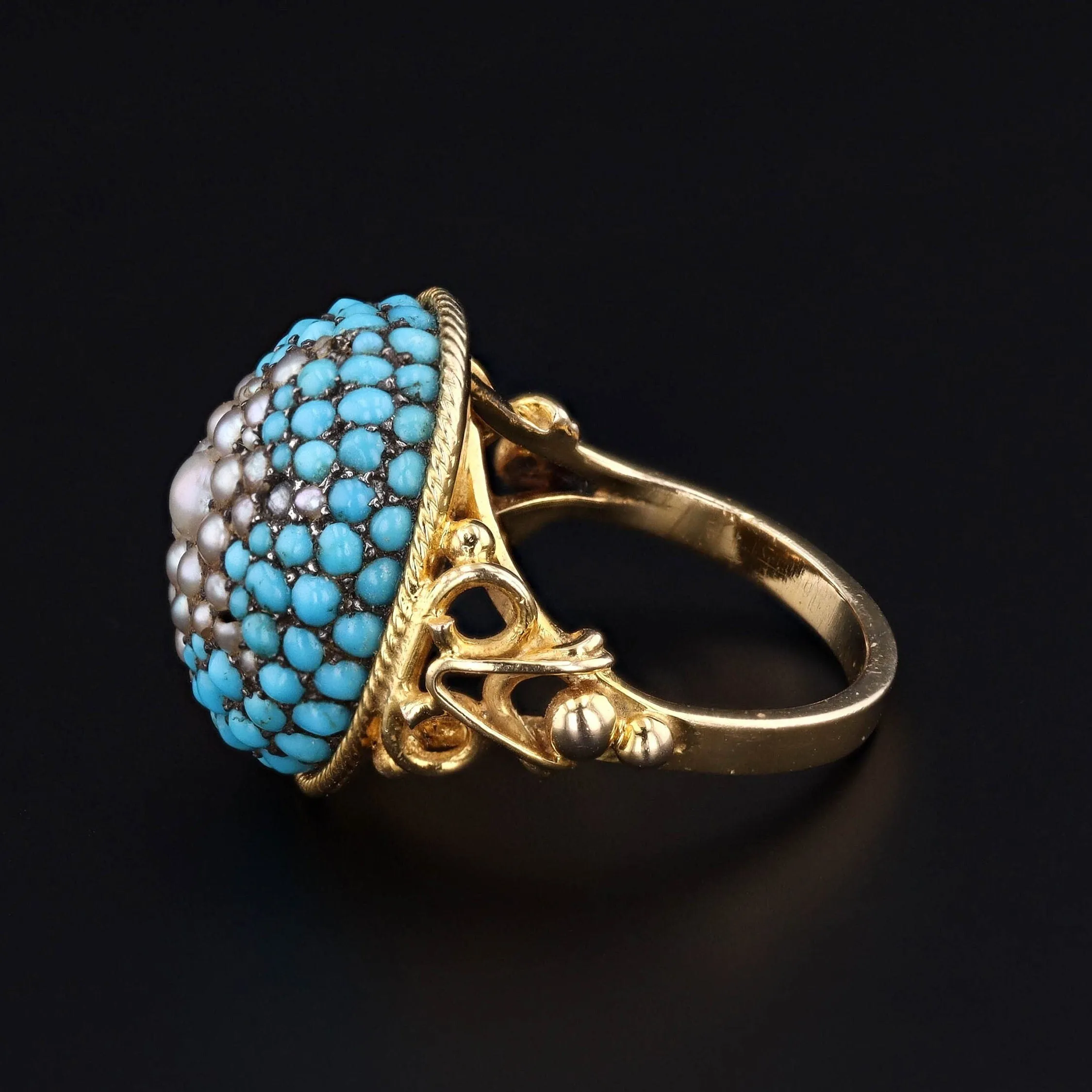 Victorian Turquoise Pearl Dome Conversion Ring of Silver Topped 10k Gold