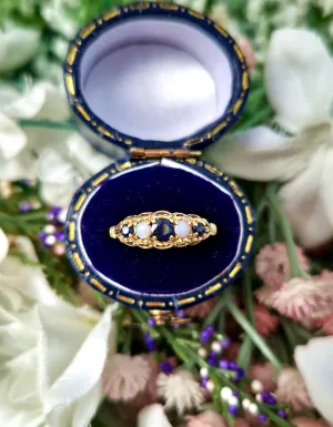 Vintage 1986 9ct Yellow Gold Ornate Sapphire and Opal 5 Stone Ring / Size M or 6.5