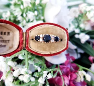 Vintage 1992 9ct Gold Victorian Style Ornate Sapphire and Spinel Trilogy Ring / Size P 1/2 or 8.25