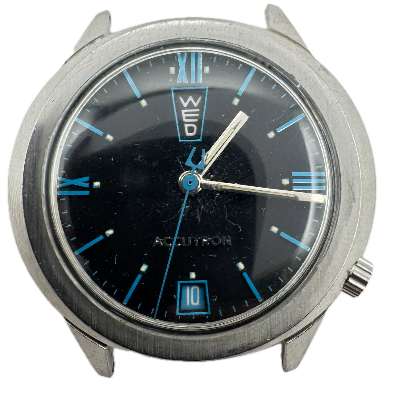 Vintage 38mm 1969 Accutron Blue Accent Men's Tuning Fork Wristwatch 218 Steel