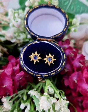 Vintage 9ct Yellow Gold Blue Sapphire Star Stud Earrings
