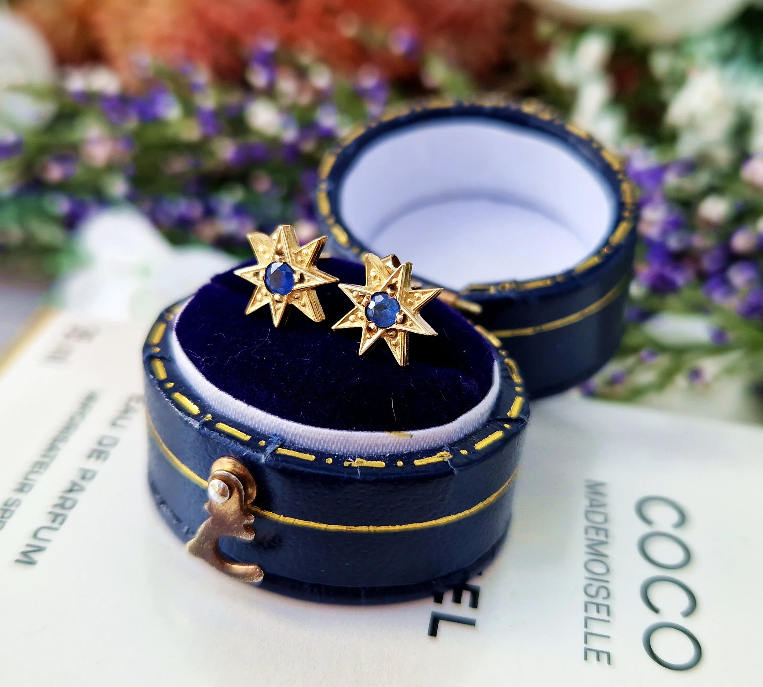 Vintage 9ct Yellow Gold Blue Sapphire Star Stud Earrings