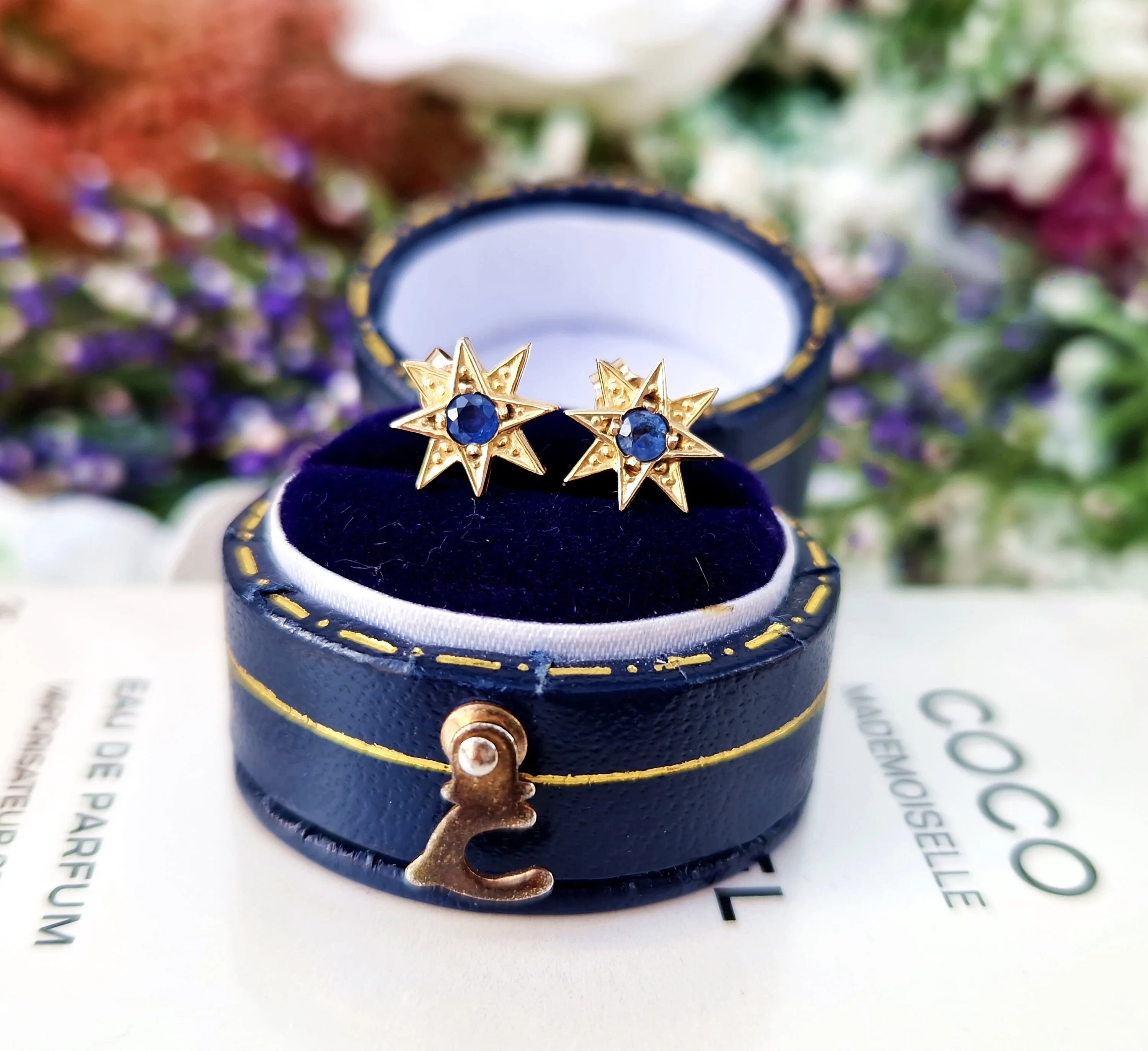 Vintage 9ct Yellow Gold Blue Sapphire Star Stud Earrings