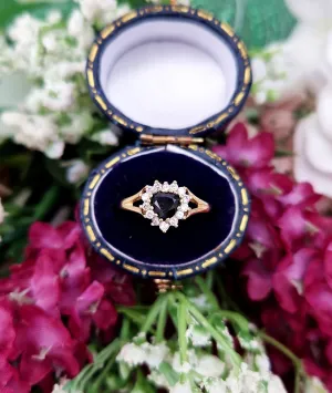 Vintage 9ct Yellow Gold Dark Sapphire and White Crystal Heart Cluster Ring / Size S or 9.5
