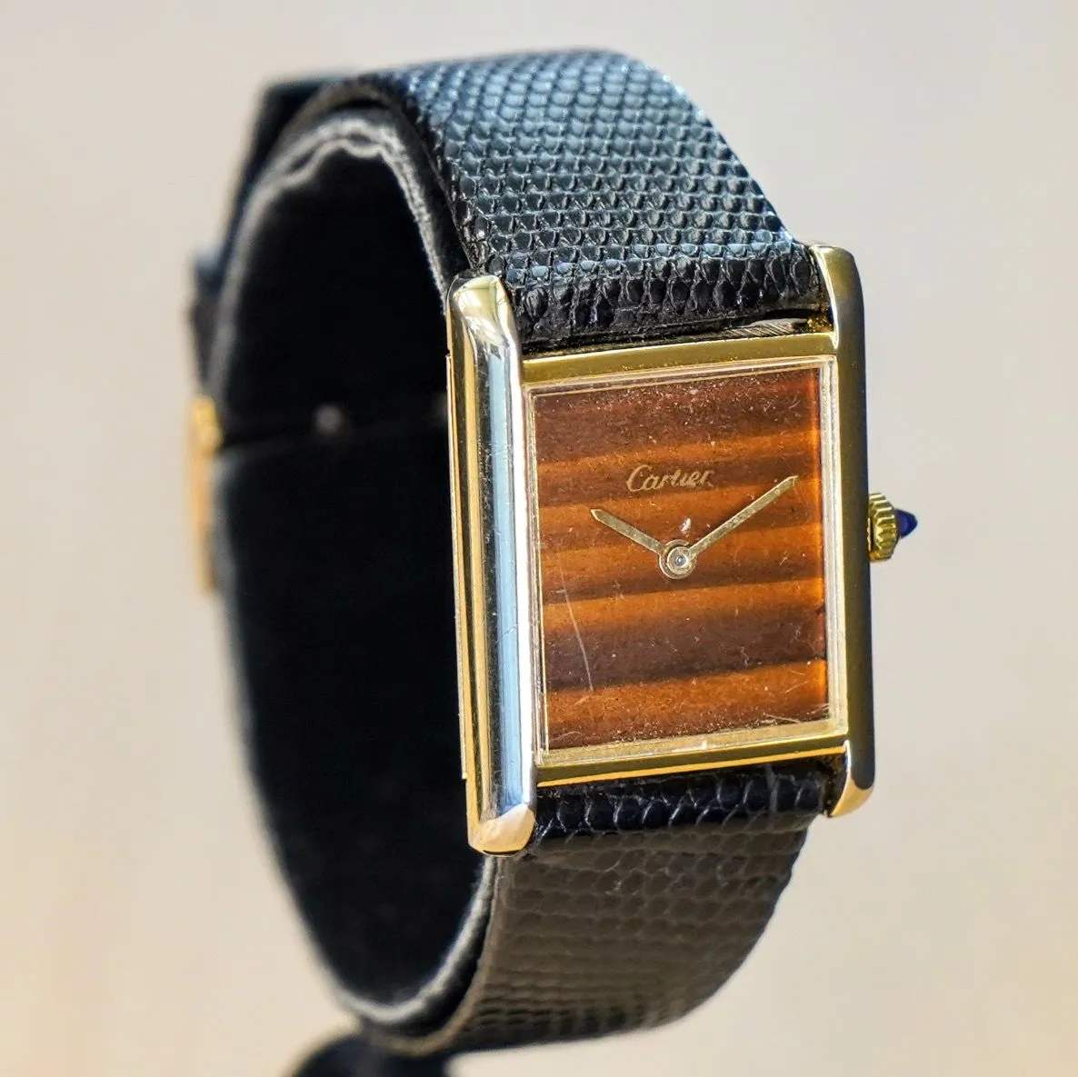 Vintage CARTIER Must de Cartier Watch 17 Jewels Tank Case & Tiger Eye Dial Wristwatch