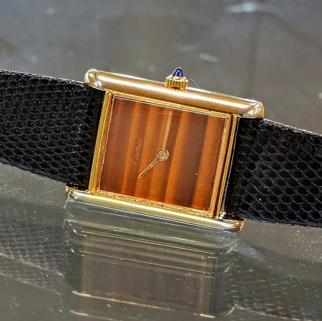 Vintage CARTIER Must de Cartier Watch 17 Jewels Tank Case & Tiger Eye Dial Wristwatch