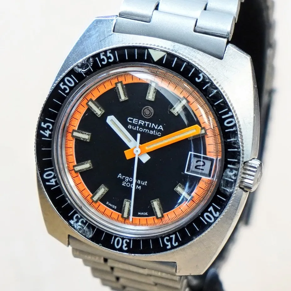 Vintage CERTINA Automatic Argonaut Watch 200M Date Indicator Black & Orange Wristwatch
