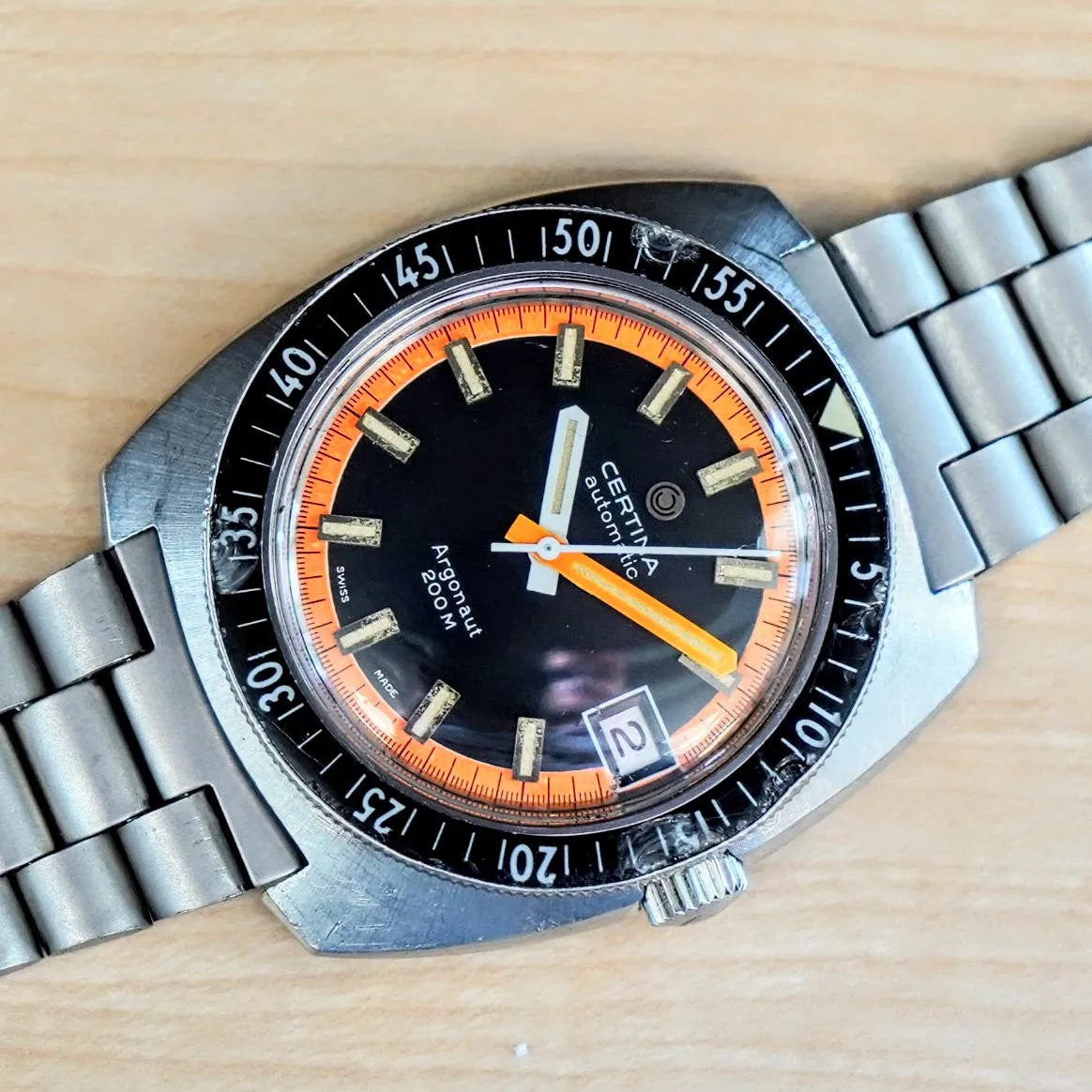 Vintage CERTINA Automatic Argonaut Watch 200M Date Indicator Black & Orange Wristwatch