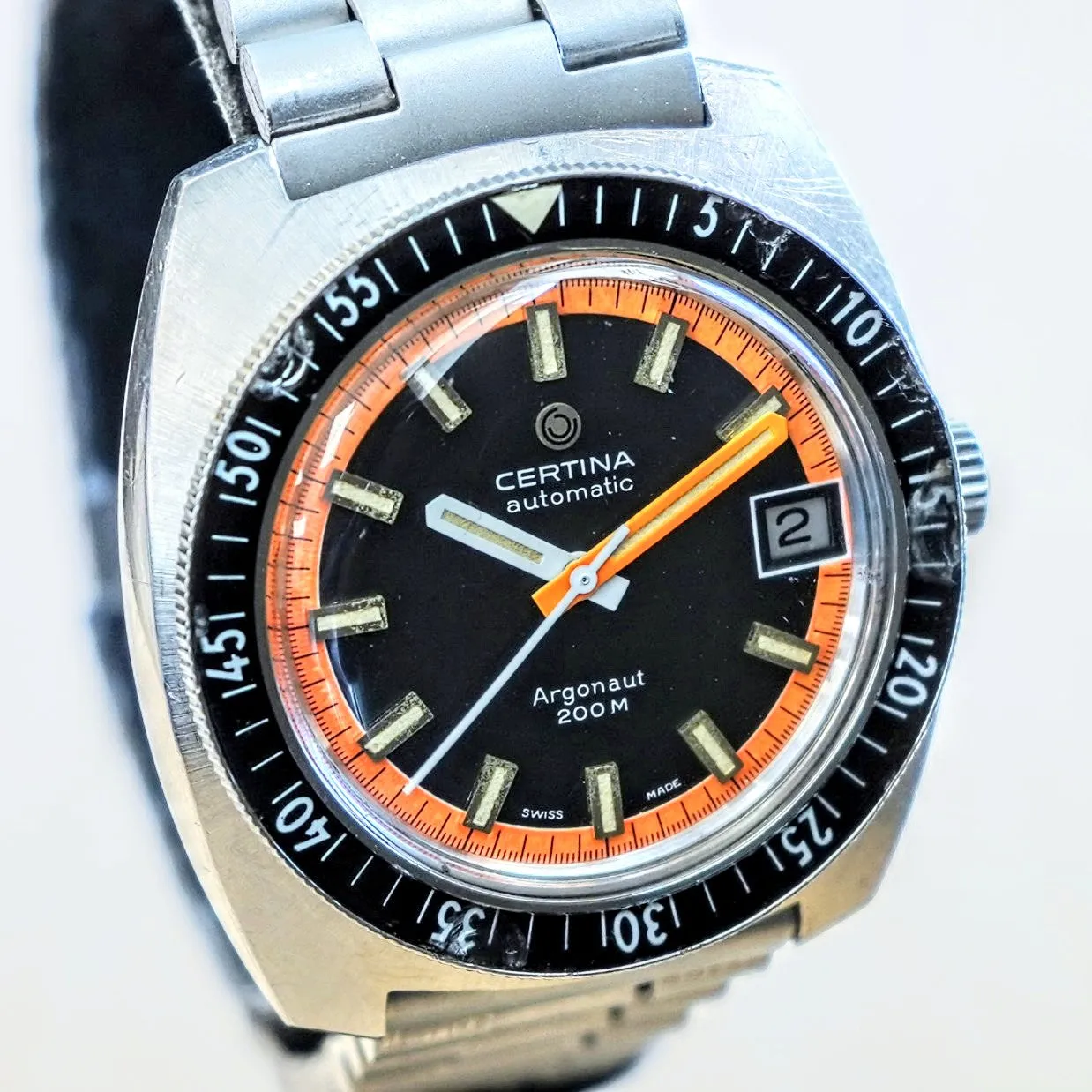 Vintage CERTINA Automatic Argonaut Watch 200M Date Indicator Black & Orange Wristwatch