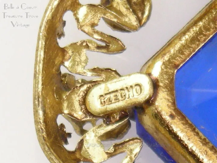 Vintage Czech Goldtone Filigree Brooch with Sapphire Blue Stones