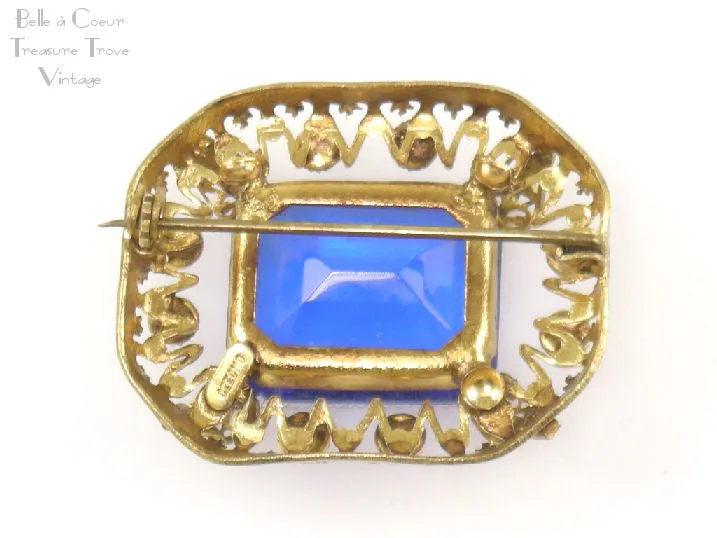 Vintage Czech Goldtone Filigree Brooch with Sapphire Blue Stones