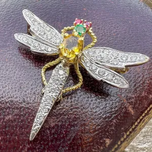 Vintage Diamond, Yellow Sapphire Emerald & Ruby Dragonfly Pin/ Pendant