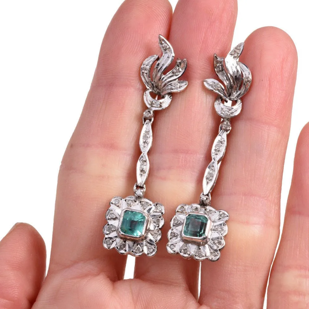 Vintage Emerald and Diamond Drop Earrings in Palladium