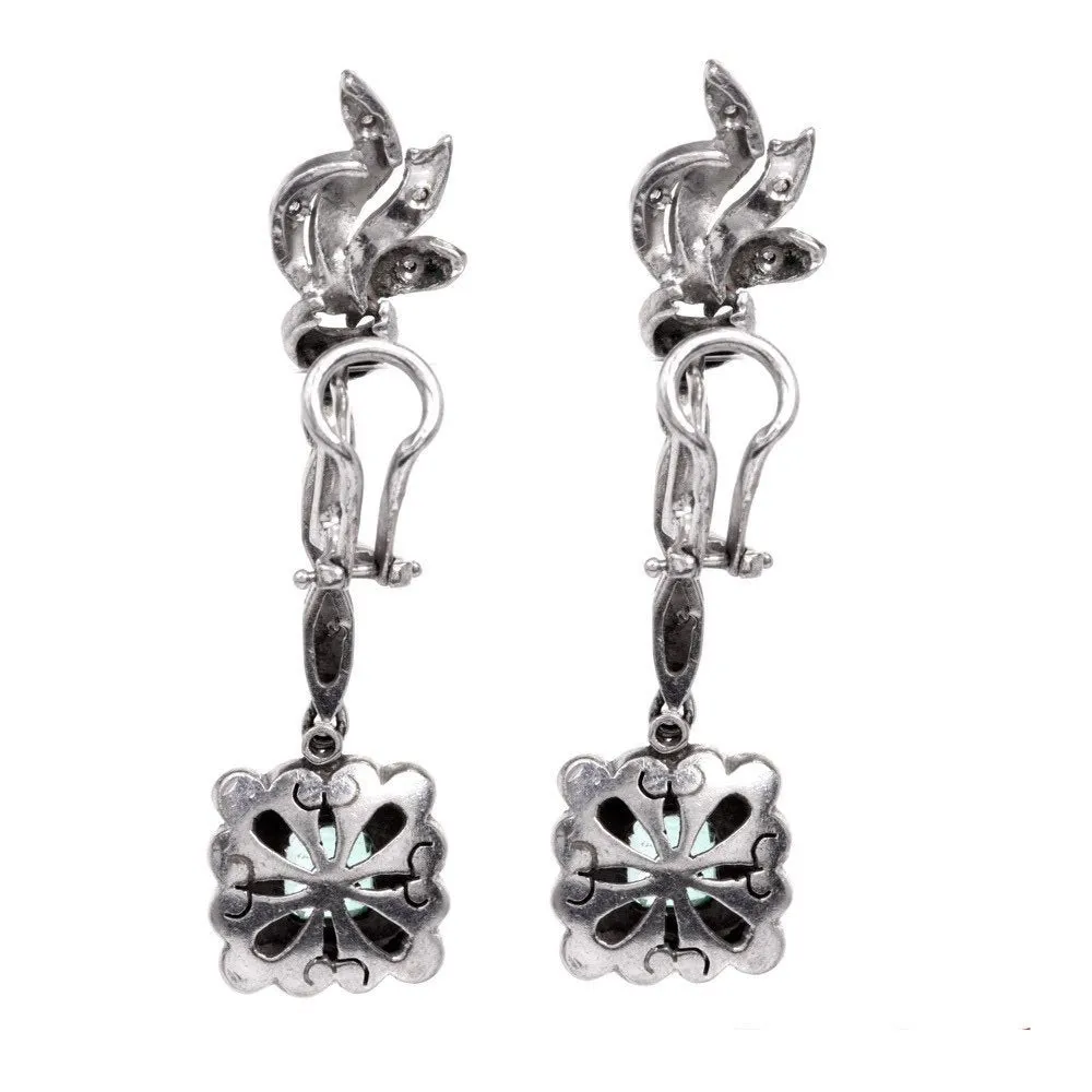 Vintage Emerald and Diamond Drop Earrings in Palladium