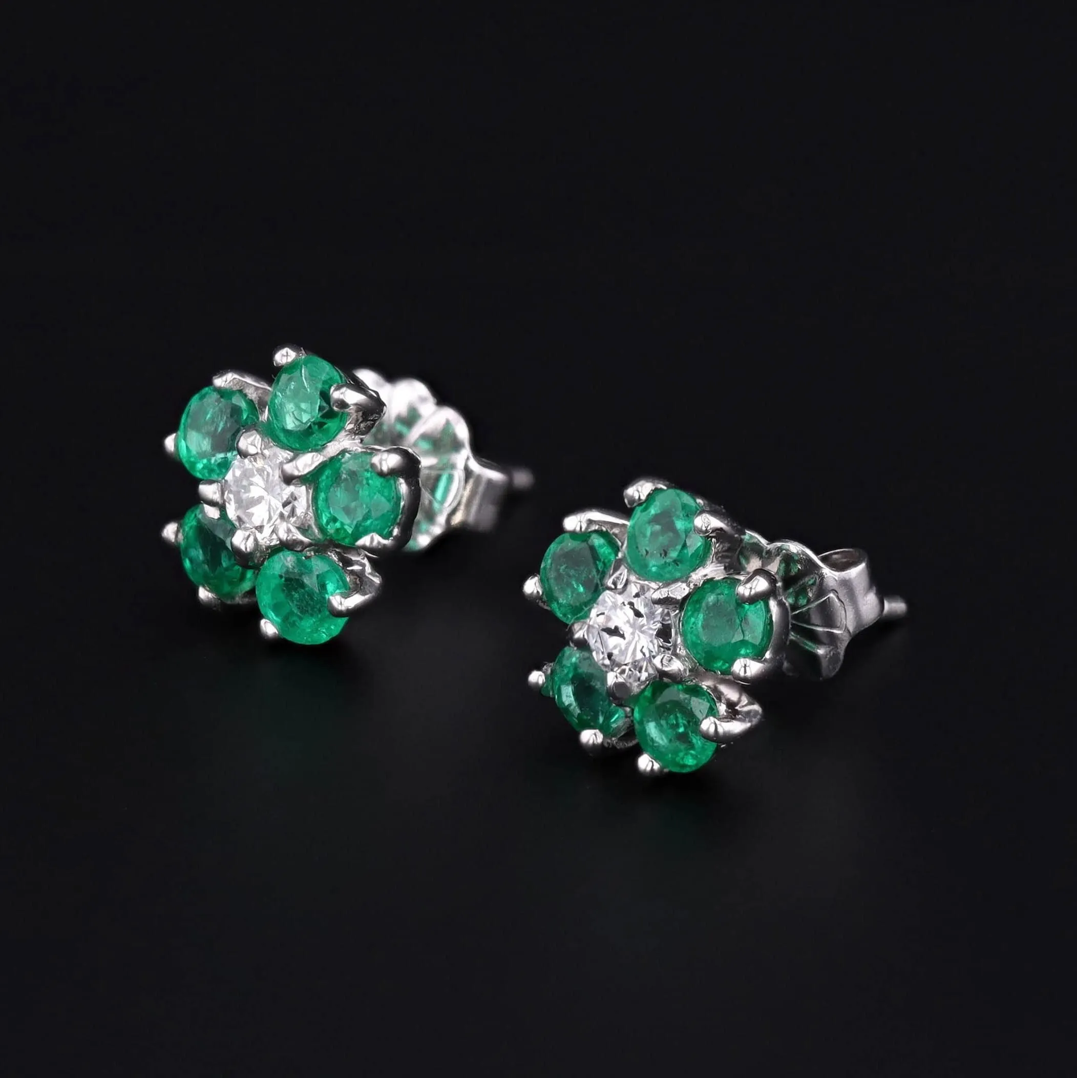 Vintage Emerald and Diamond Flower Stud Earrings
