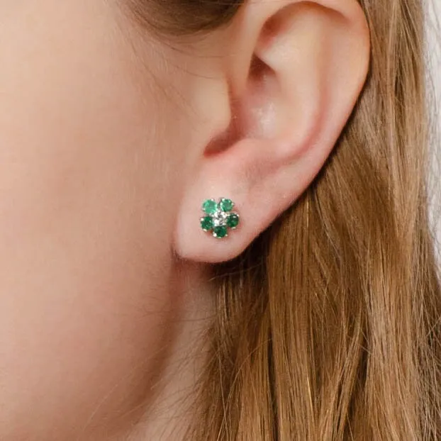 Vintage Emerald and Diamond Flower Stud Earrings