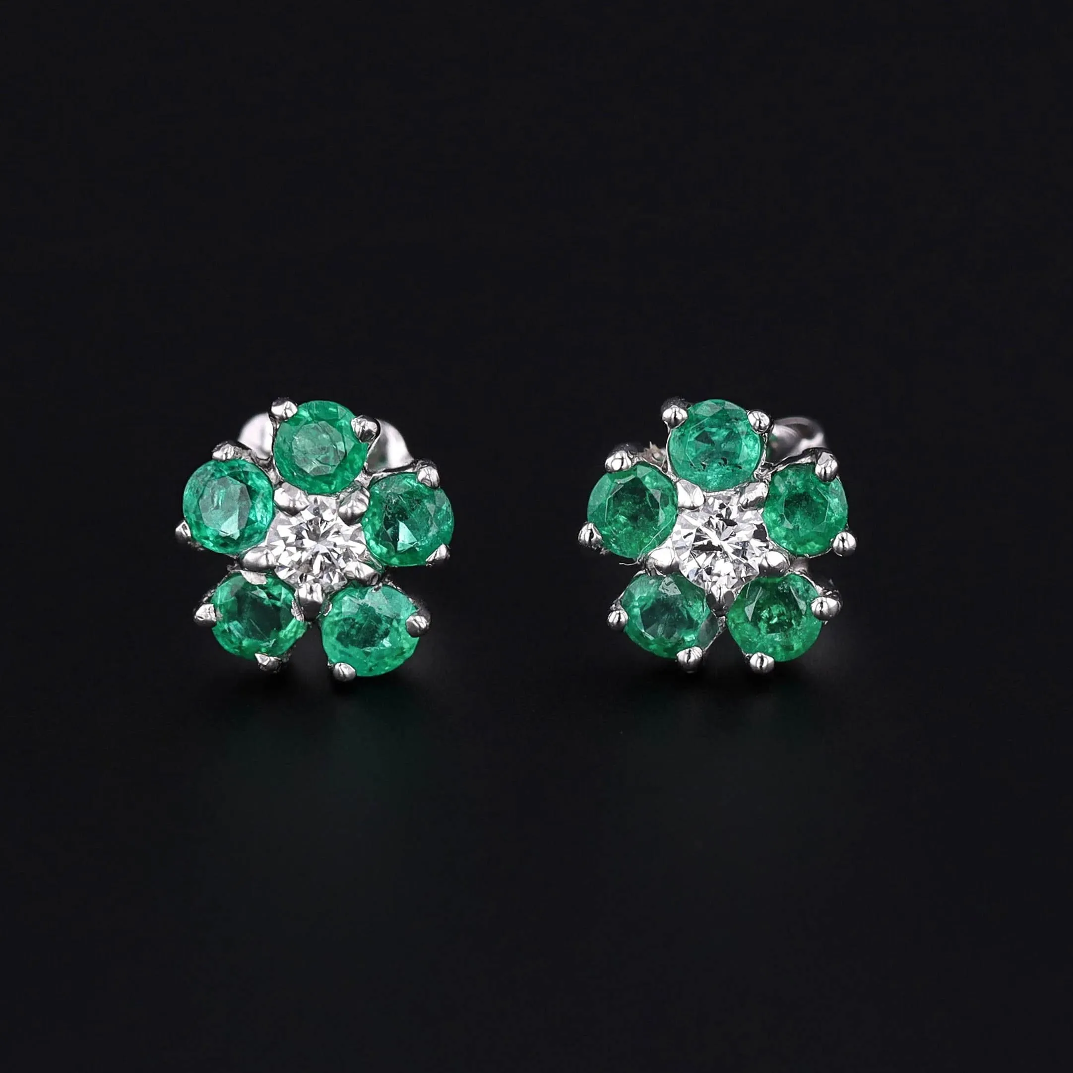 Vintage Emerald and Diamond Flower Stud Earrings