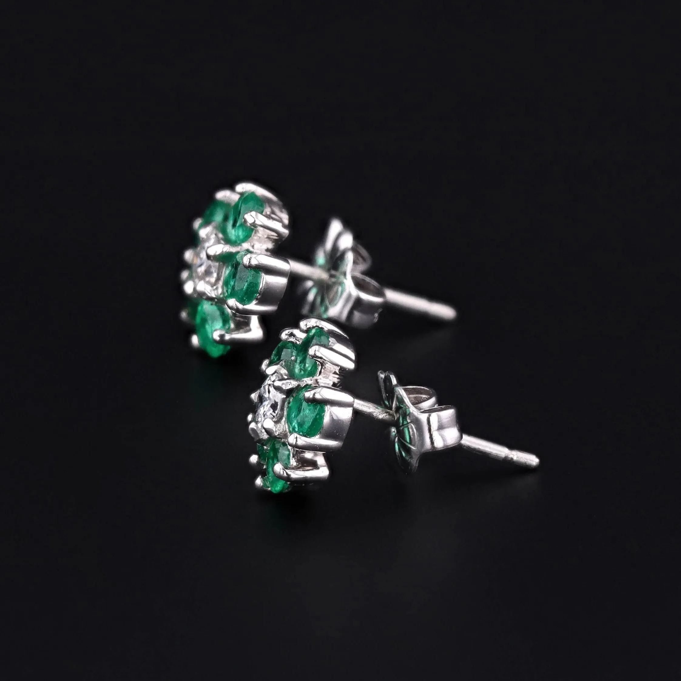 Vintage Emerald and Diamond Flower Stud Earrings