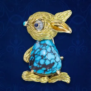 Vintage French Turquoise Diamond Sapphire Rabbit Brooch 18ct Gold