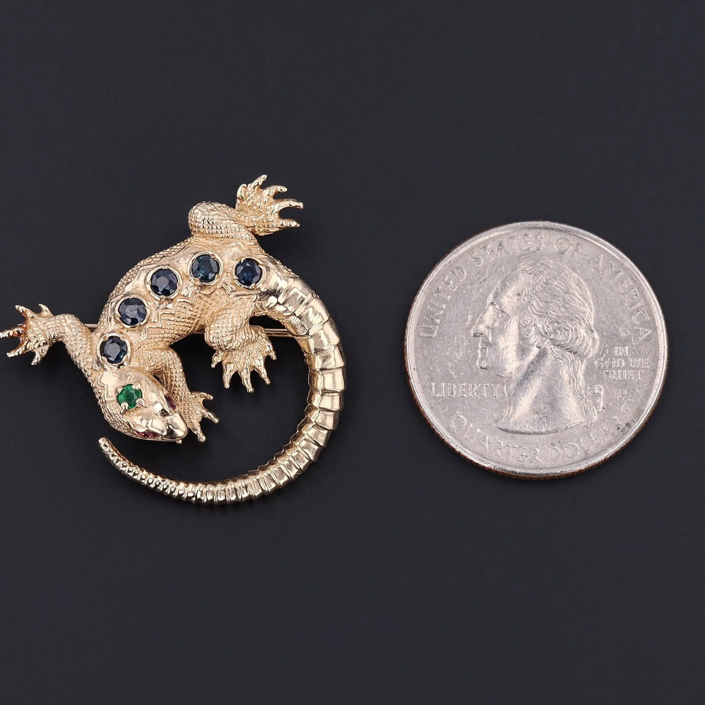 Vintage Lizard Brooch | 14k Gold, Sapphire, Ruby & Emerald Brooch