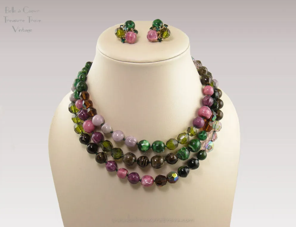 Vintage Multi Strand Bead Necklace and Earring Demi Parure Set Signed Vogue