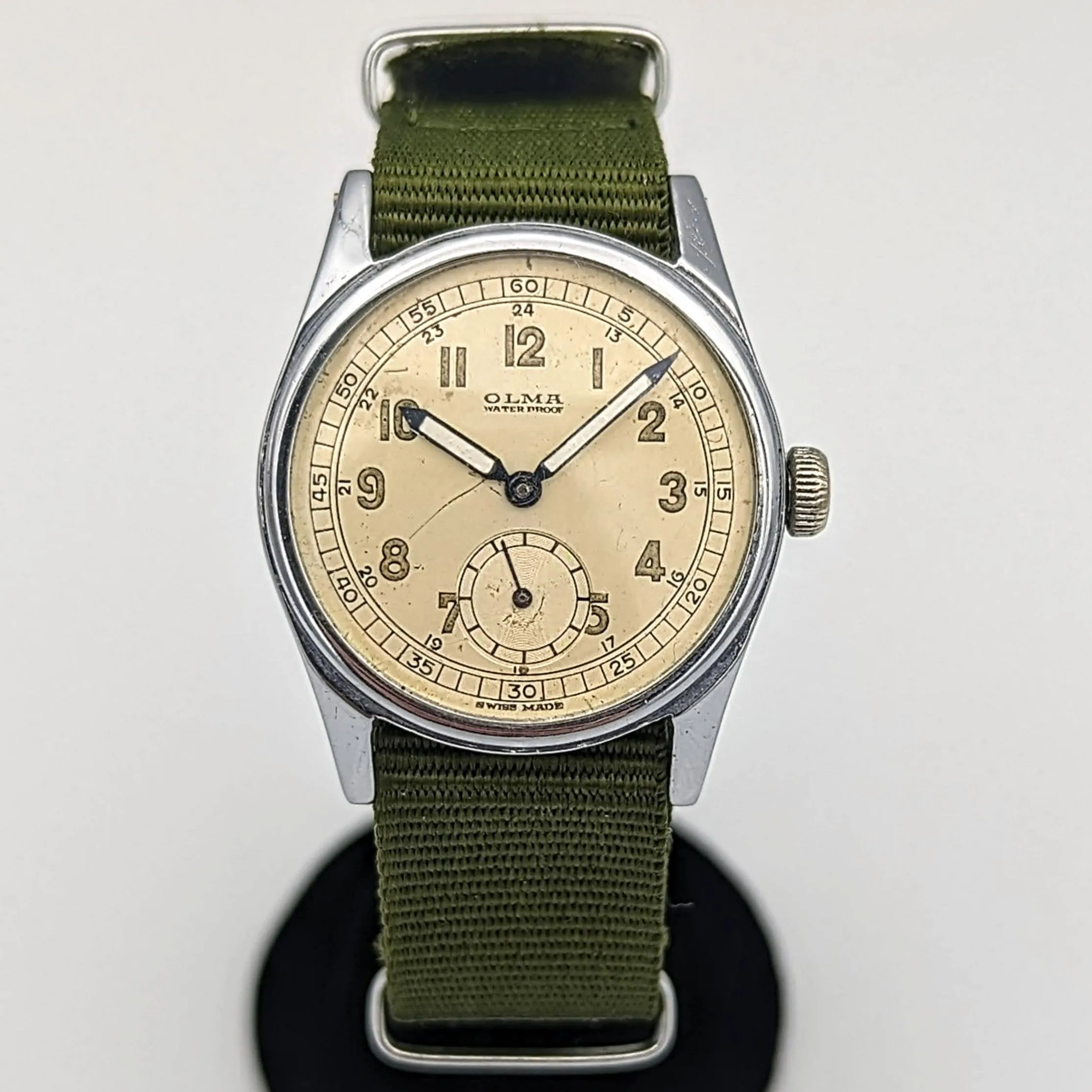 Vintage OLMA Wristwatch 1940s Military-Style Waterproof 24-hour Dial 15J Watch