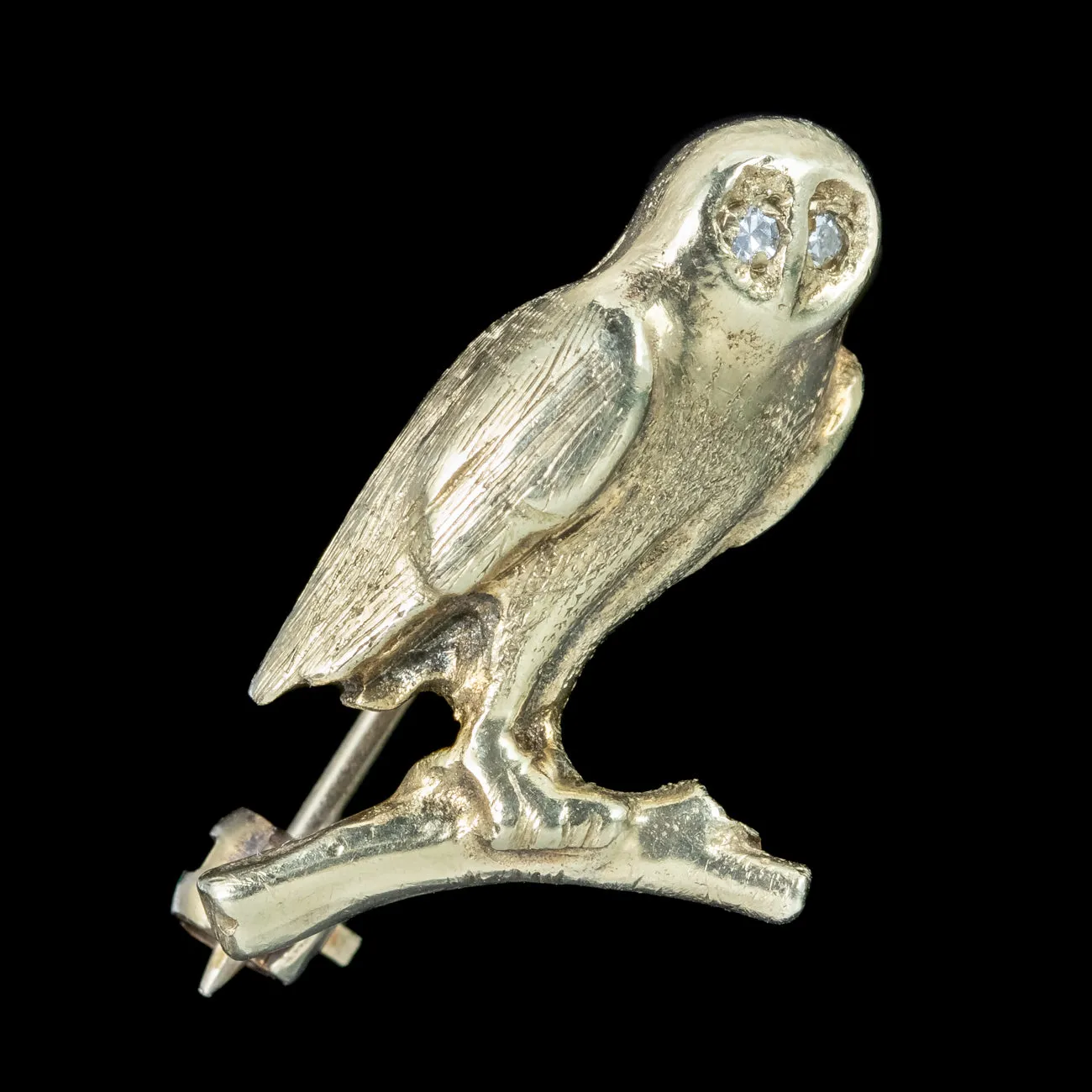 Vintage Owl Brooch 9ct Gold Diamond Eyes